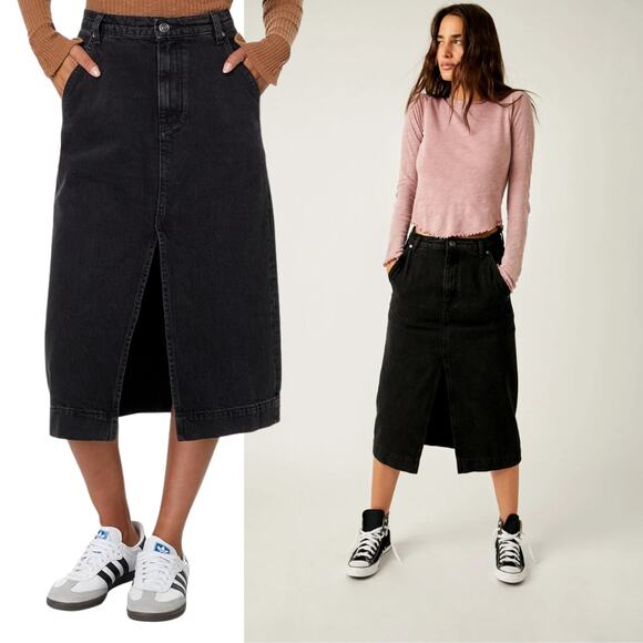 Free People Dresses & Skirts - NEW Free People Wild Roses Midi Black Denim Jean Skirt Sz 31 Minimalist Capsule